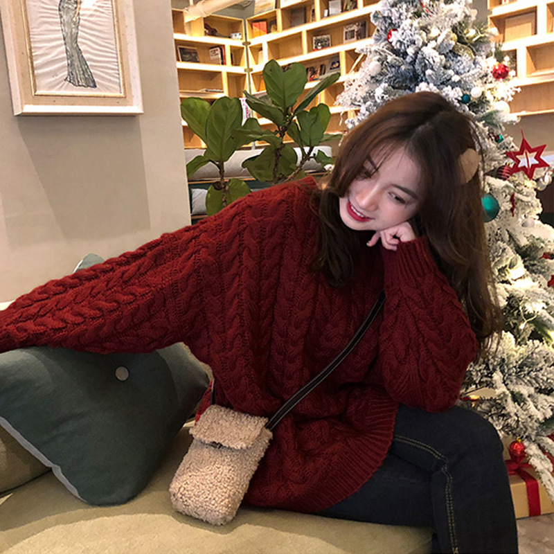 Autumn and Winter Cherry Twist Sweater Female Student Loose Retro Elegant Round Neck Mid-length Knitted Outer Wear