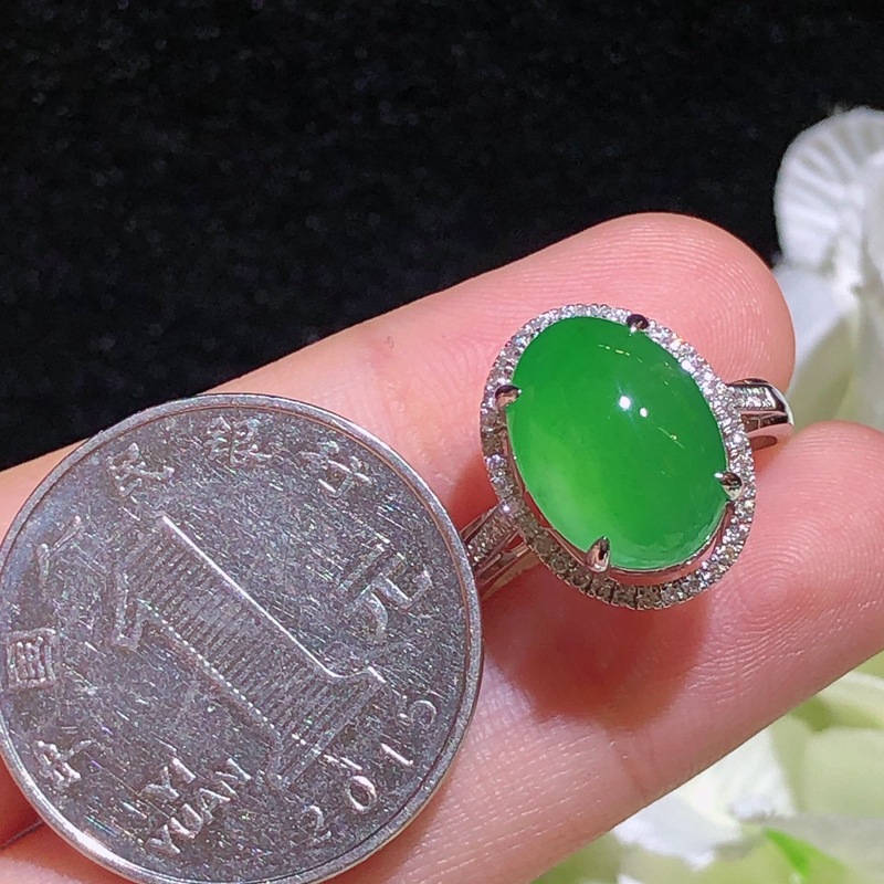 Natural Jade A Goods Unisex Yang Green Egg Face Ring 18k Gold Inlay with Certificate with Certificate