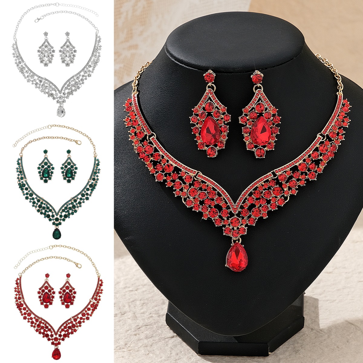 European and American New Necklace Earrings suit Banquet Party Dress Two-piece Accessories Luxury Rhinestone Bridal Jewelry for Women