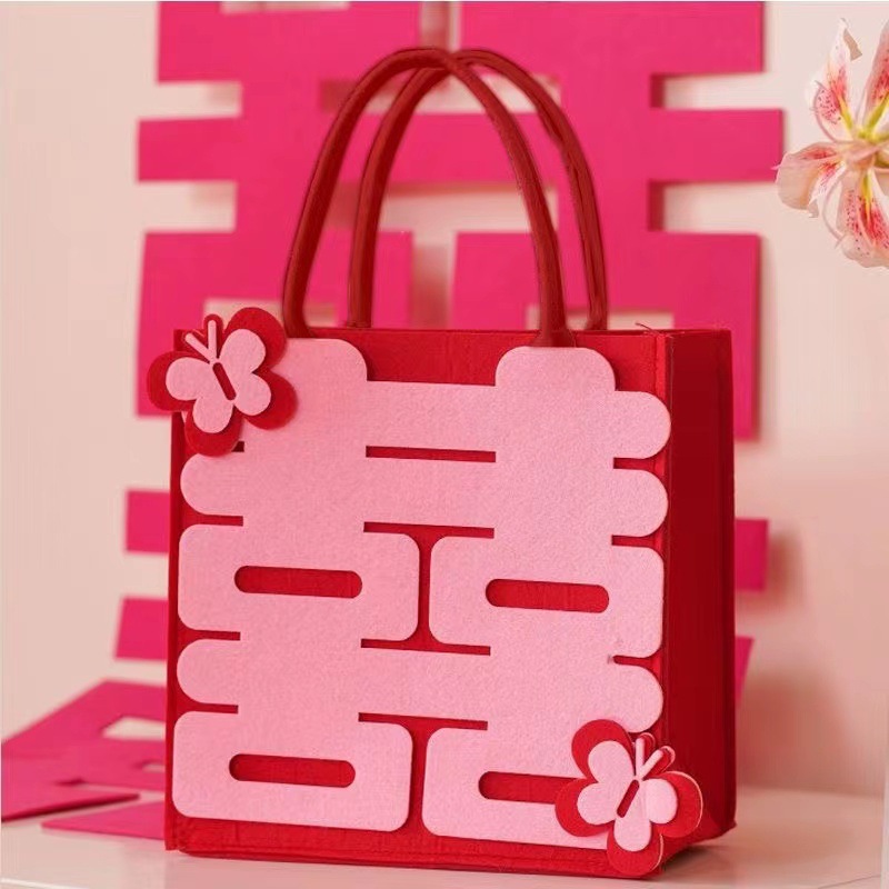 Popular Xi character felt hand gift bag bridesmaid hand-held wedding banquet candy box wedding gift handbag in stock supply