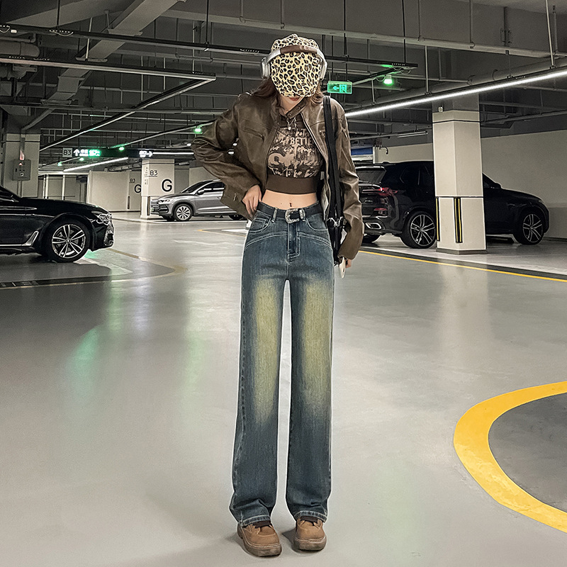 Spring and Autumn American High Street Micro Horn Jeans Women's Autumn and Winter Pants New Design Sense Straight Narrow Wide Leg Pants