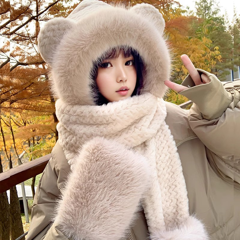 Cute Bear Hat Gloves Three-in-One Scarf Plush Hat Winter Riding Women's Easy Outdoor High-Level Warm Hat