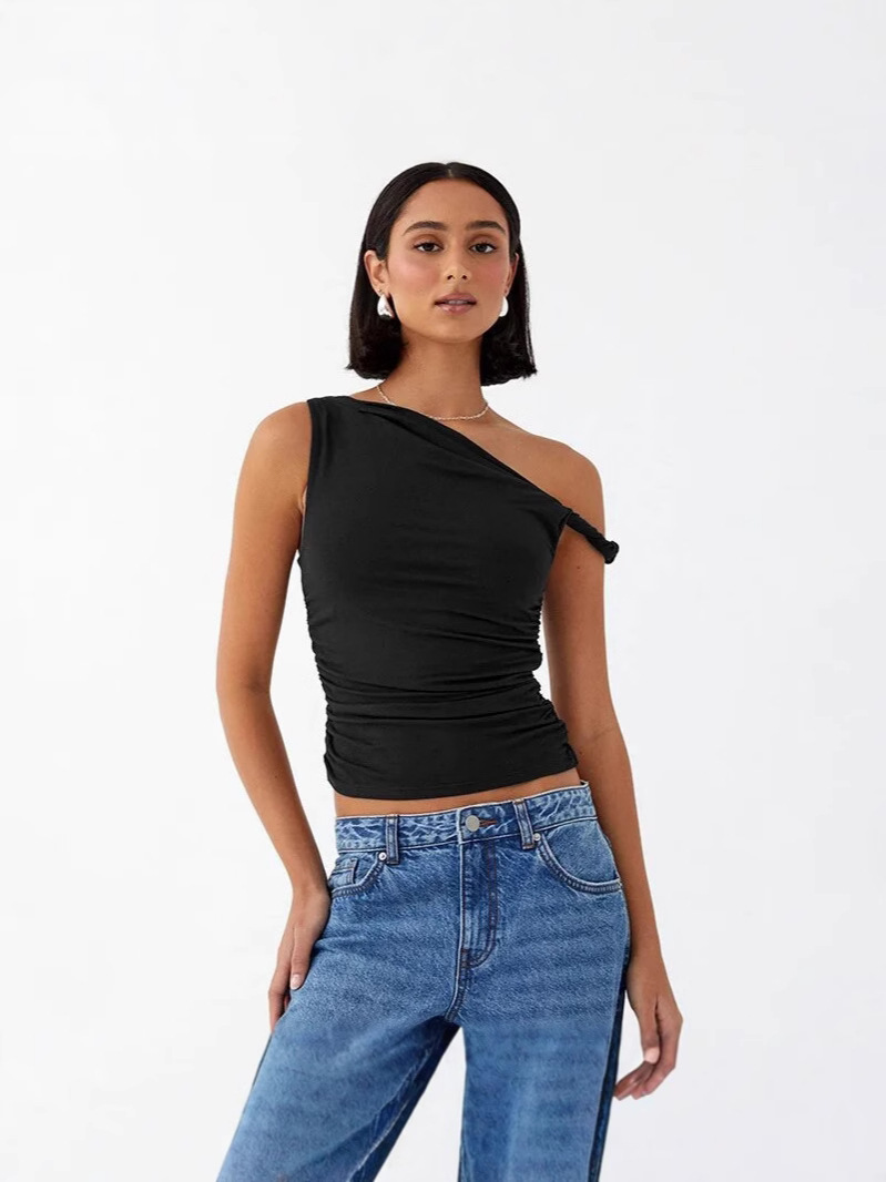 2025 Summer New Solid Color Shoulder Collar Collar Asymmetrical Sexy Slim Top Y2K Women's T-Shirt
