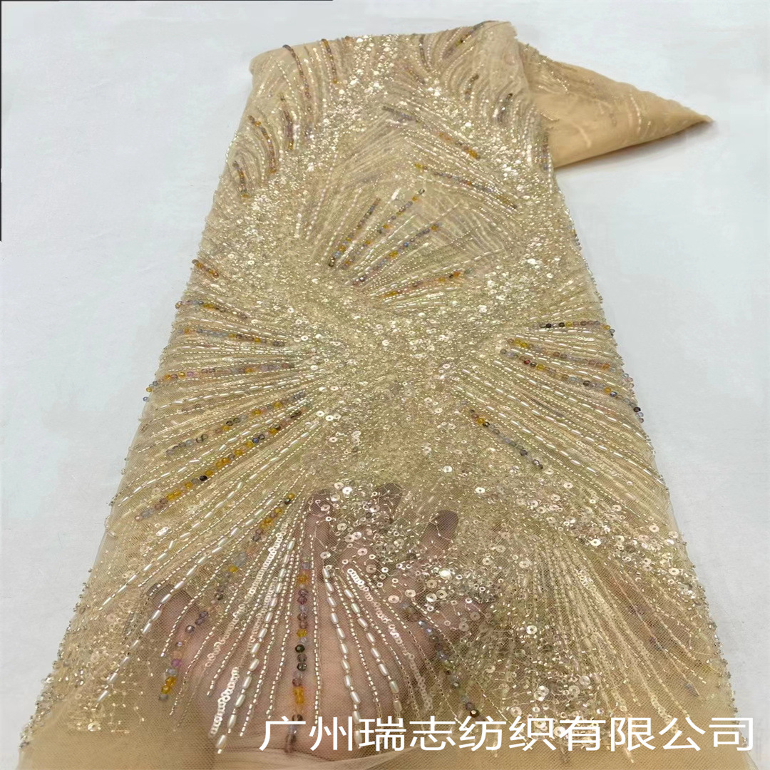 New Multicolor Diamond Beads Heavy Industry Mesh Wedding Fabric Heavy Industry Beads Sequins Lace Dress Embroidered Cloth LACE