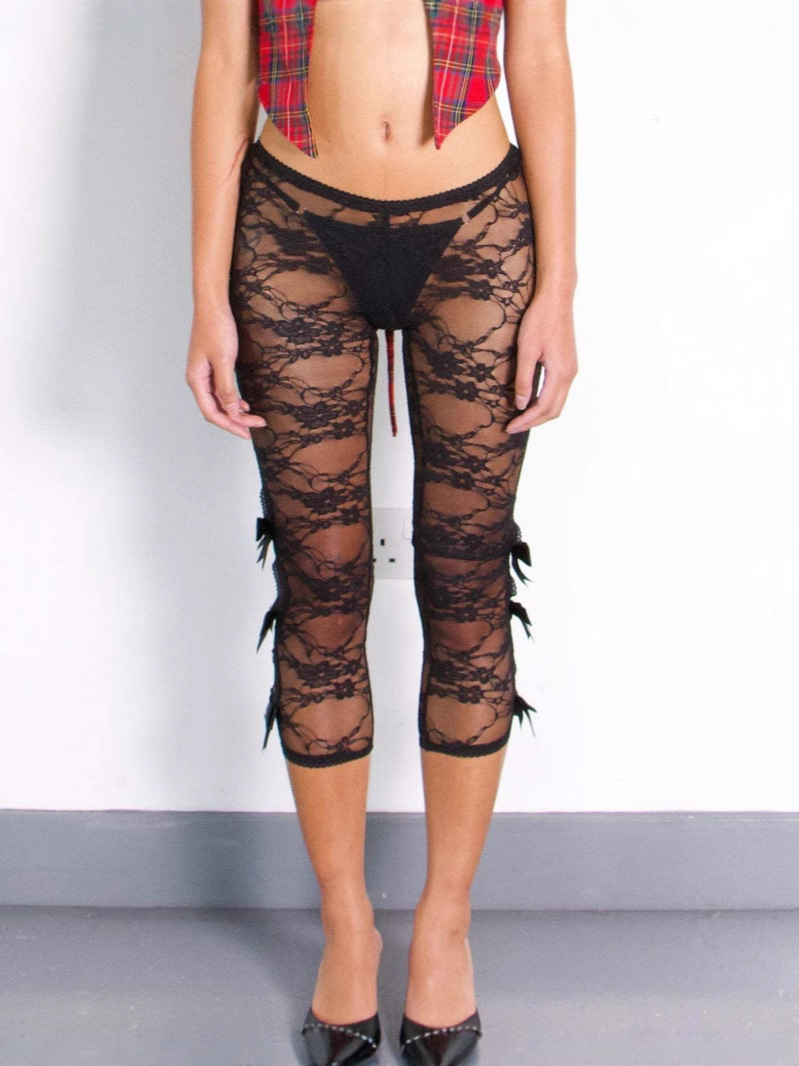 2025 Cross-Border New Aliexpress Amazon European and American Export Sexy Slim Cut Out Lace Cropped Pants for Women