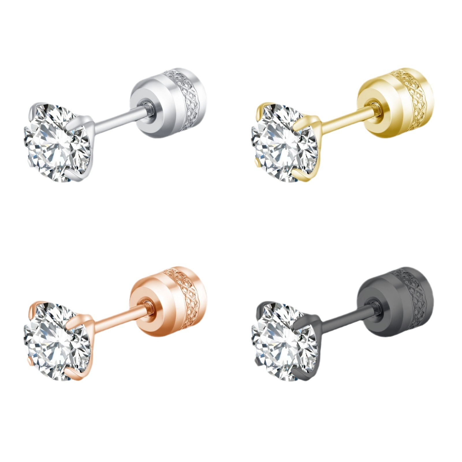 Picture of [Big Sale] Titanium Steel Four-Prong Round Double Zircon Earrings Stainless Steel Two-End Zircon Earrings Earrings