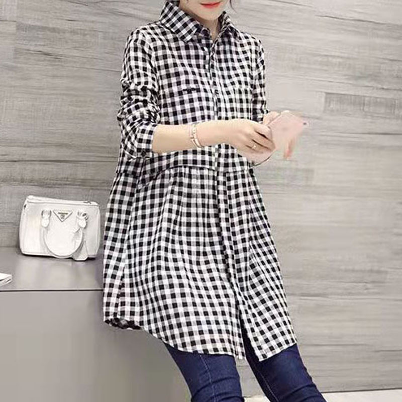 Picture of Korean Style Loose Large Size Shirt Women's Spring and Autumn New Arrival Plaid Shirt All-Match Fashionable Mid-Long Long Sleeve Top
