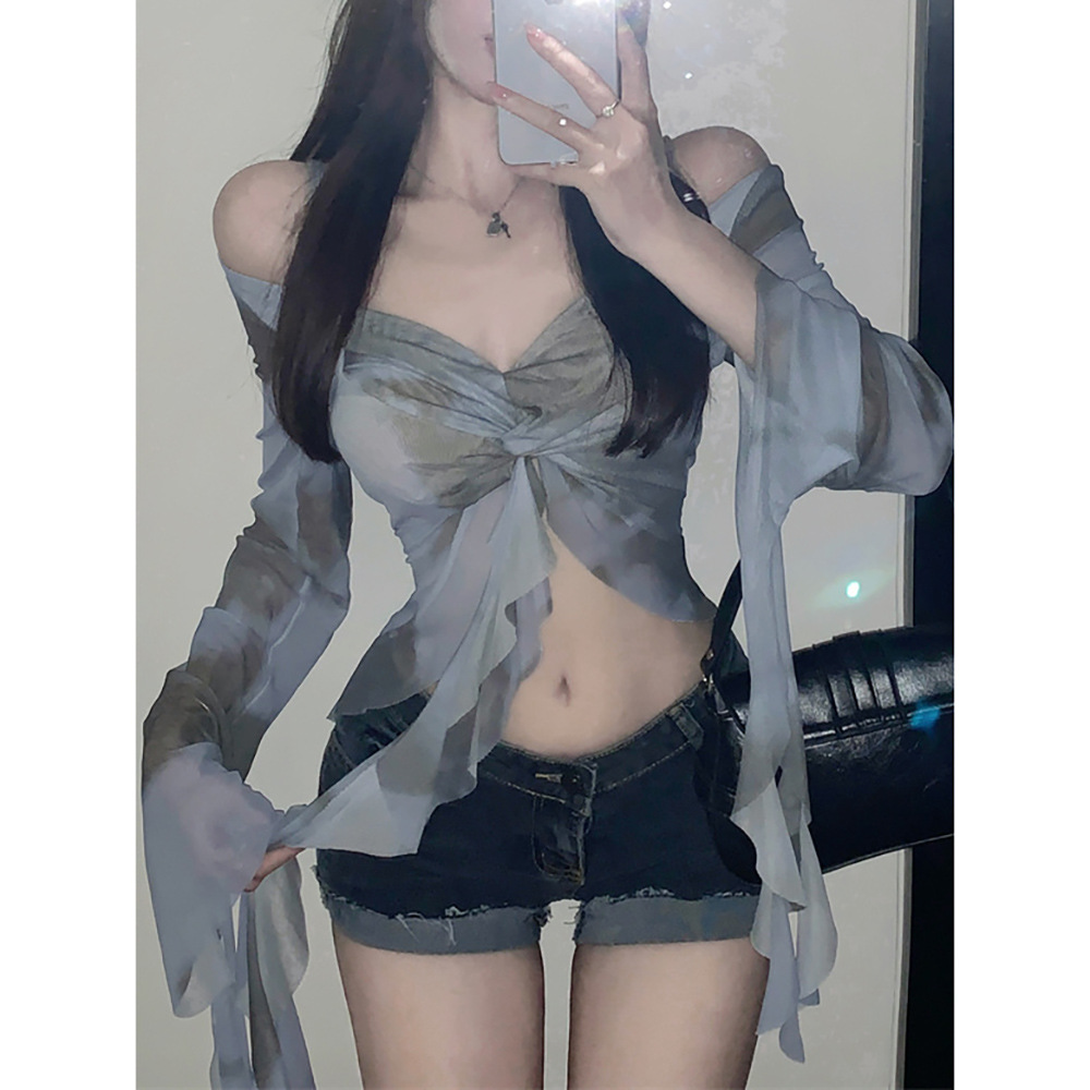 Picture of Sexy Tie-Dye Printed Ruffle Mesh T-Shirt Women's 2024 Autumn and Winter New V-Neck Strap Irregular Spice Top