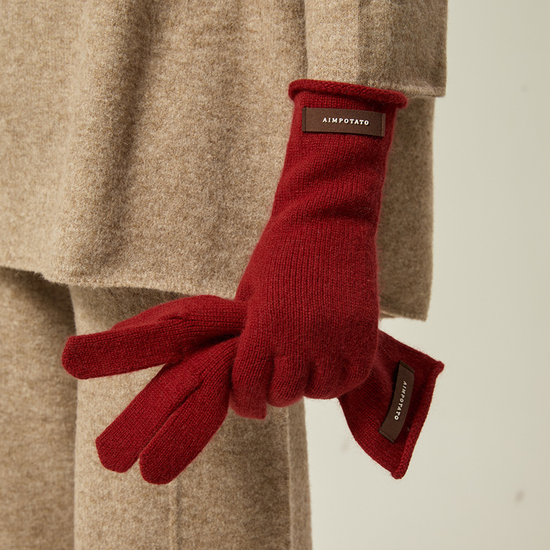Autumn and Winter Warm Ins Soft Waxy Solid Color Lace Wool Gloves Women's Winter Warm Knitted Five-Finger Touch Screen Gloves