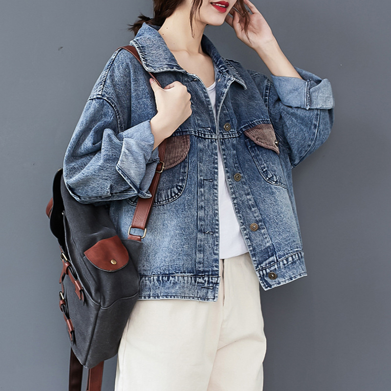 Autumn 2024 New Korean Casual Retro Contrast Color Loose Denim Jacket Women's Polo Collar Long Sleeve Cardigan Top