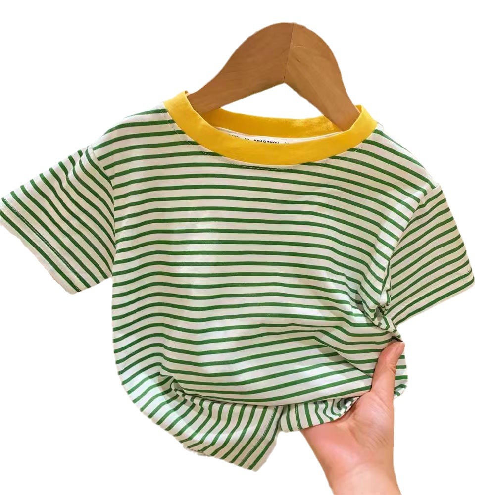 Picture of Girls Summer Short-sleeved 2024 New Cotton Striped Round Neck Casual T-shirt Baby Thin Half-sleeved Base Shirt Trendy