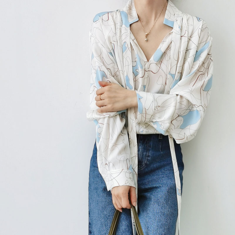 New French Style Romantic Line Printed Small Strap Pullover Heavy Silk Shirt Women's Long Sleeve Mulberry Silk Shirt