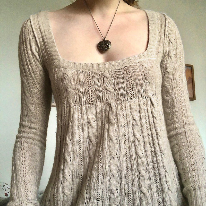 Picture of Women's sweater 2022 spring cross-border new retro low-cut square collar twist khaki woolen top