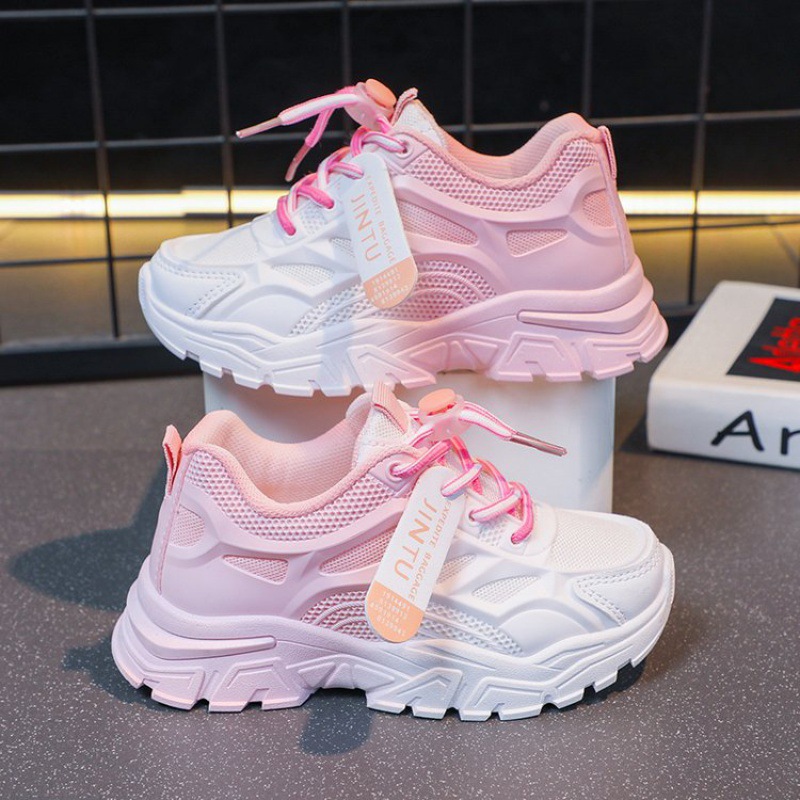 Girls Sports Shoes Breathable 2024 Summer New Korean Style Children's Net Shoes White Shoes Female Students Running Shoes Soft Sole