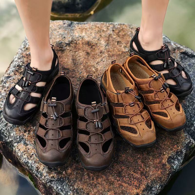 Summer Leather Sandals for Men, Breathable Outdoor Sports and Leisure Men's Toe-Toe Sandals, Thick-Soled Non-Slip Beach Shoes for Men, Trendy