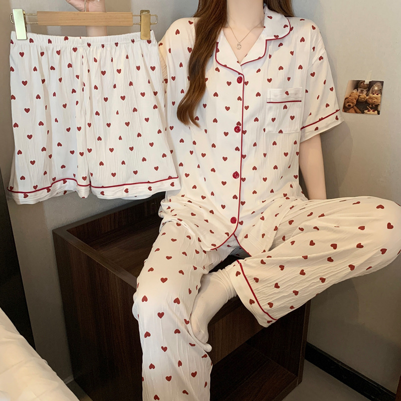 Picture of Korean warm little love summer thin short sleeve pajamas women's sweet loose home clothes wrinkled cloth three-piece set wholesale