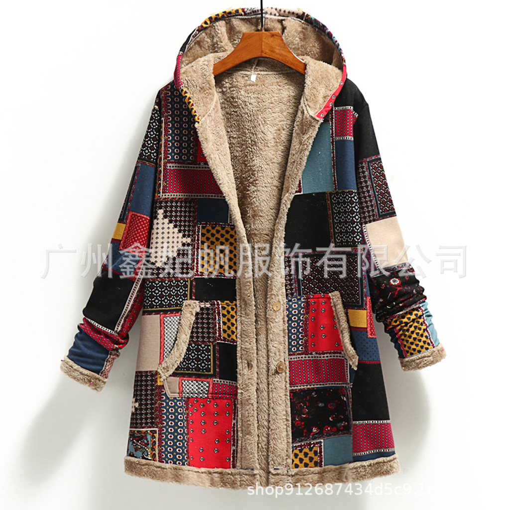 Picture of 2023 Winter Amazon Wish European and American New Women's Cotton and Linen Printed Hooded Sweatshirt Warm Stuffed Jacket
