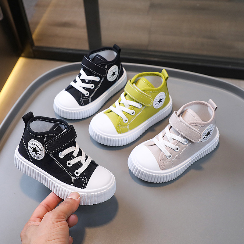 Children's high-top canvas shoes 24 Spring and Autumn New Boys' board shoes Velcro soft bottom baby shoes girls' casual shoes