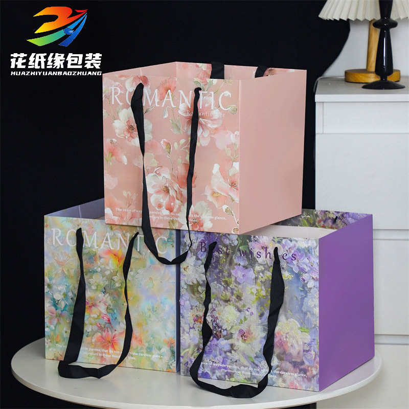 Sicilian Oil Painting Style Flower Tote Bag with Thick Paper Card, Square Gift Flower Hand-Held Bouquet Packaging Paper Bag
