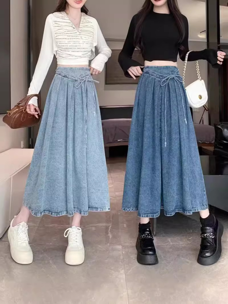 Vintage Strap Denim Skirt Women's Spring New Arrival Small Mid-Length Skirt High Waist Slimming Elegant A- Line Skirt