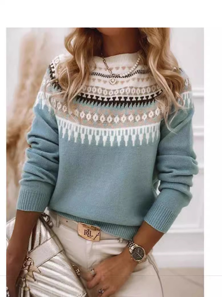 Wish Hot Selling Amazon European and American New Sweater Women's Round Neck Color-matching Loose Fashion Pullover Knitted Sweater