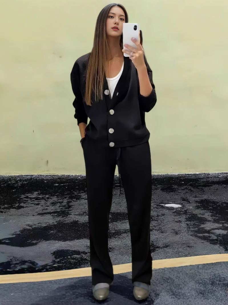 2024 European and American Cross-border Casual Button Cardigan Simple Solid Color Casual suit Drawstring Pants Two-piece Set