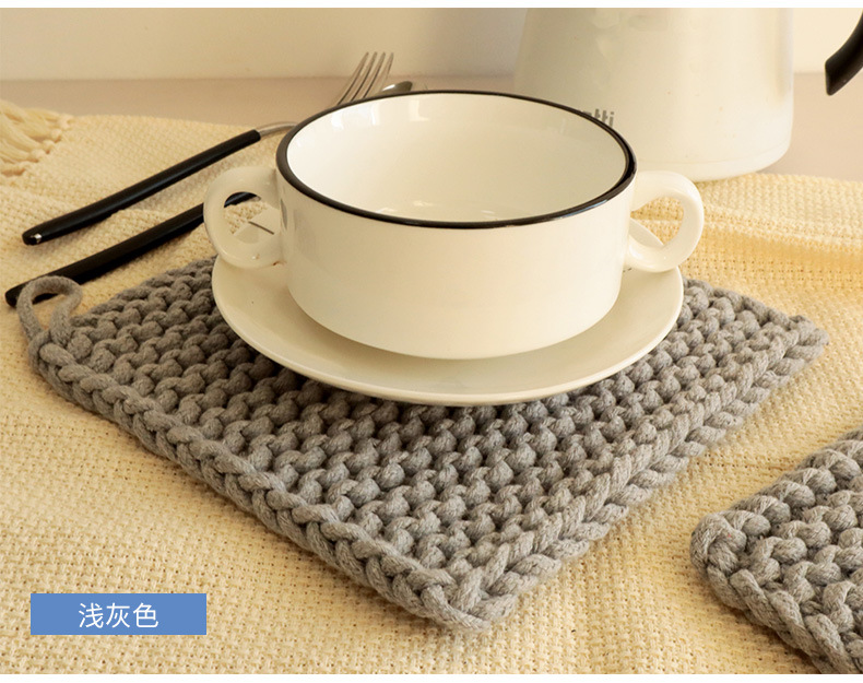 Picture of Handmade Cotton Coaster Scandinavian Style Plain Woven Insulation Pad Square Coaster Household Plate Mat Bowl Mat Square Mat