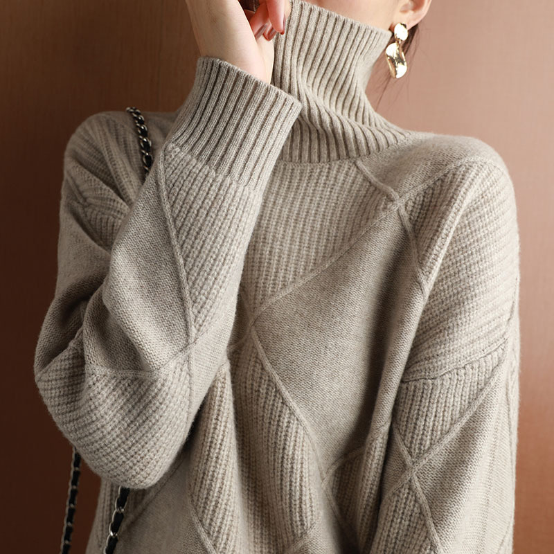 Picture of Personalized Turtleneck Knitwear for Women, Loose Rhombus Lazy Style Knitwear, Autumn and Winter Long-Sleeved Outer Wear, Korean Style Western-Style Bottoming Shirt