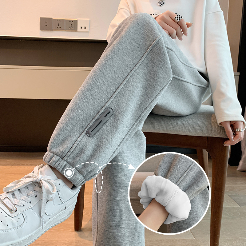 Sweatpants women's fleece-lined thickened sports pants women's 2023 autumn and winter high waist slimming casual pants small loose ankle-tied pants