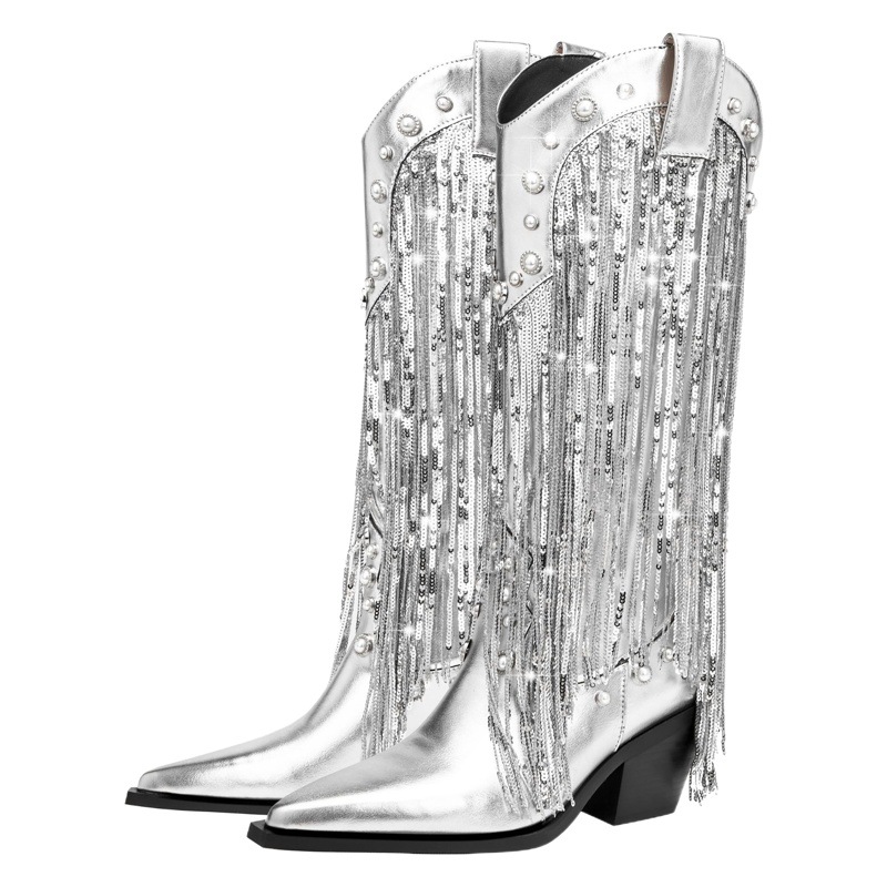 2023 foreign trade new European and American sequined tassel pointed toe chunky heel sleeve high boots fashion plus size women's long boots