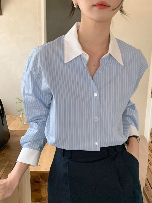 South Korea Chic Spring Niche Elegant Colored Lapel Loose Casual All-match Long-sleeved Striped Shirt Top for Women