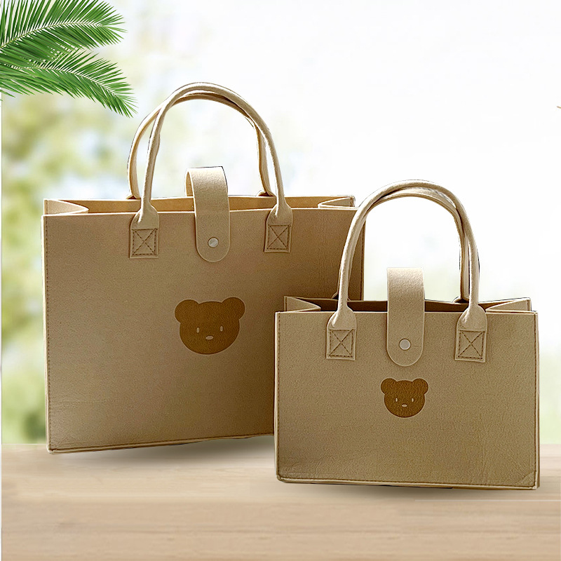 Felt Handbag Customized Cute Cartoon Bear Simple Pure Color Shopping Bag Large Capacity Satchel Tote Bag Storage
