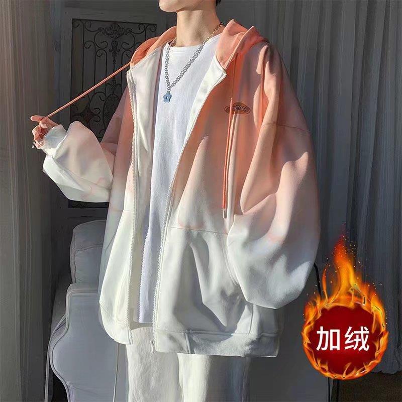 Gradient Cardigan Hooded Jacket Jacket for Boys Ins Trendy Hong Kong Style Winter fleece-lined Thickened Loose Clothes for Couple