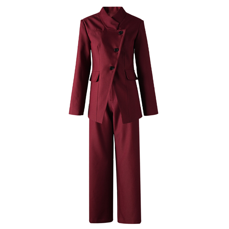 Spring New High-end Sense Angora Red Fashion Temperament Slant Collar Suit Jacket Straight Pants Professional suit