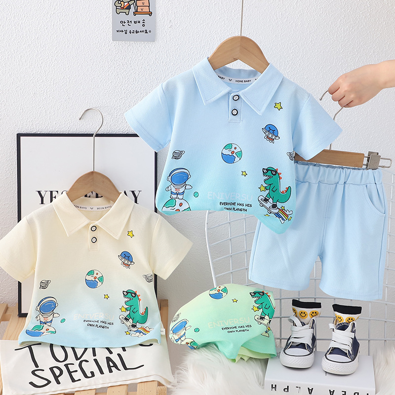 Boys' Summer Short-sleeved Suit New Western Style Boys' Baby Fried Street Internet Celebrity Children's Wear Space Dinosaur Short-sleeved Suit
