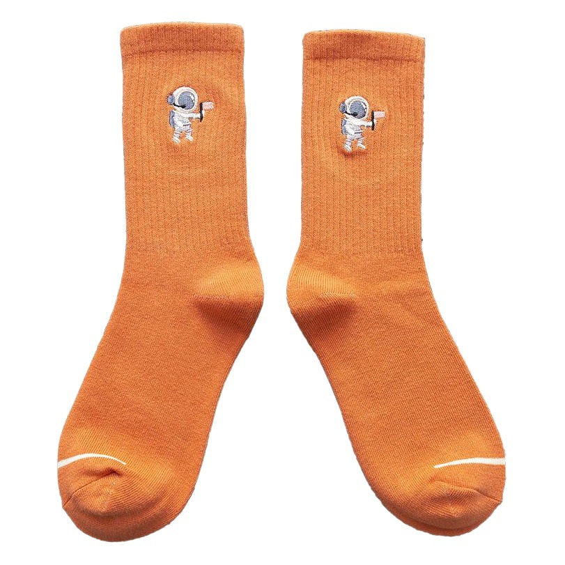 Lovers Socks Autumn and Winter Solid Color Ins Trendy Embroidered Cotton Short Socks Astronaut All-match Mid-tube Socks Sports Trendy Socks