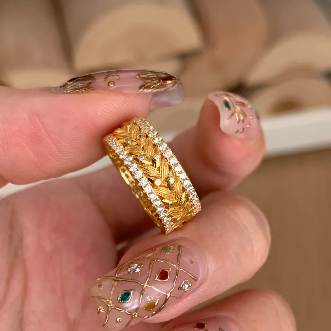 French Style Retro Brilliant Star River Ear Peace Ring Instagram Entry Luxury Middle Style Full Diamond Forged Wheat Ear Pattern Women's Ring