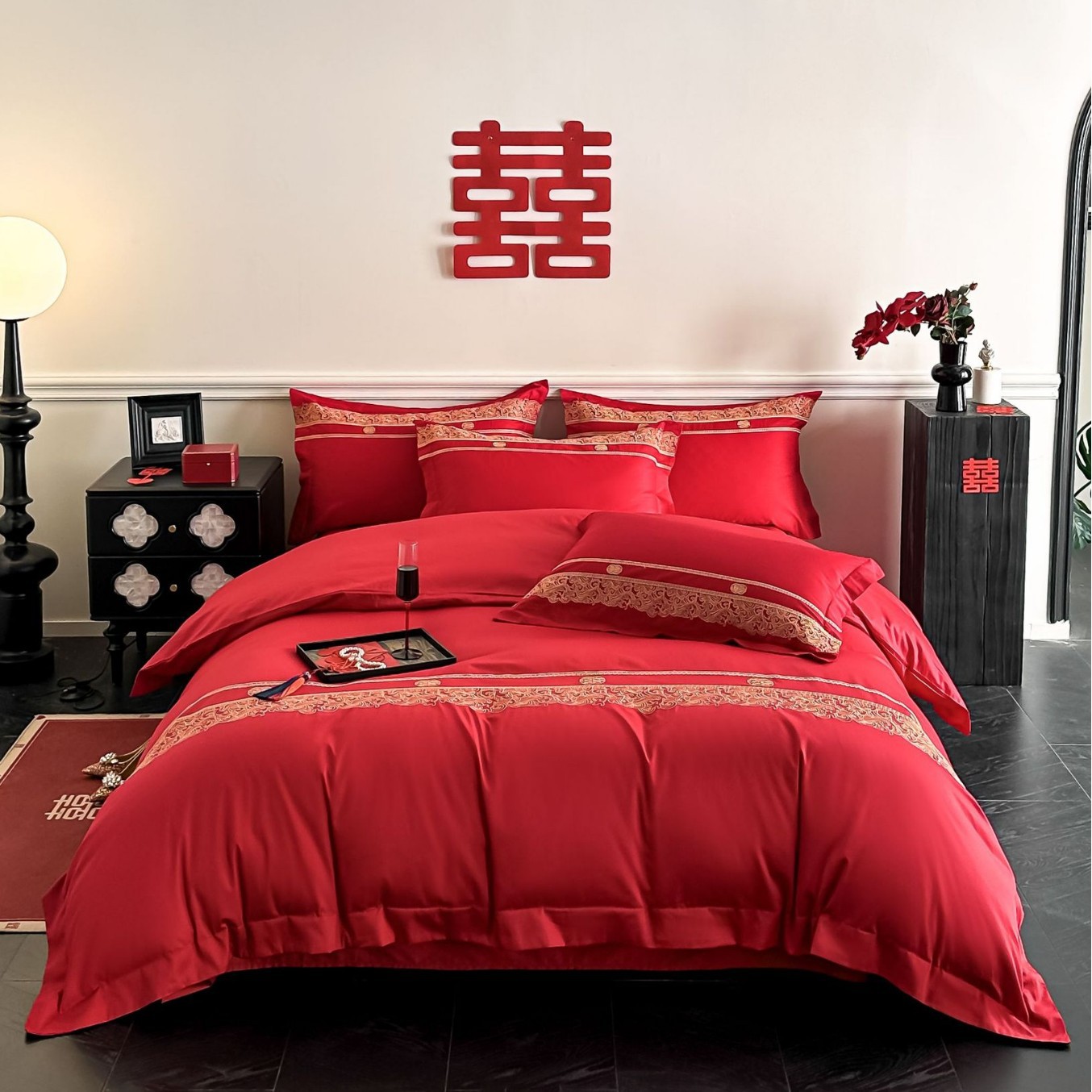 Picture of All-Cotton Wedding Four-Piece Set, Red Double Happiness Long-Staple Cotton Pure Cotton Bedding Wedding Quilt Cover, Wedding Bedding Set with Fitted Sheet