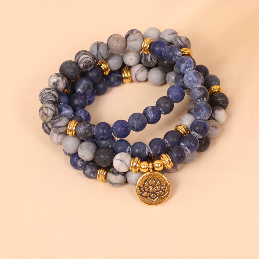 Picture of 108 beads bracelet Lotus pendant multi-layer bracelet blue pattern network stone beaded bracelet
