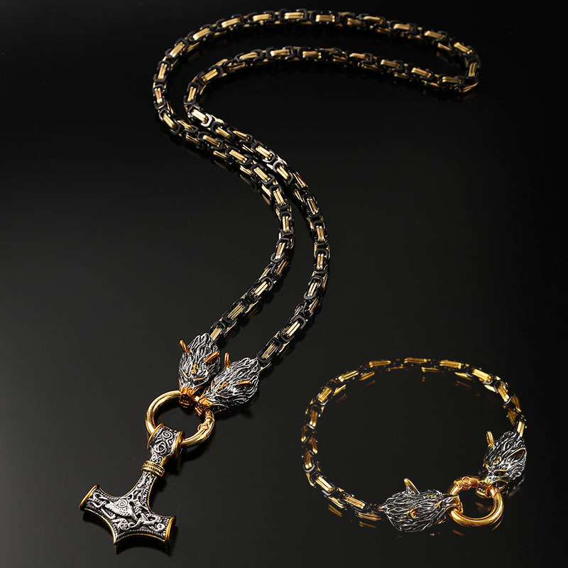 Picture of Foreign Trade Explosions Retro Nordic Viking Rune Hammer Pendant Wolf Head Necklace Bracelet Jewelry suit Stainless Steel Chain