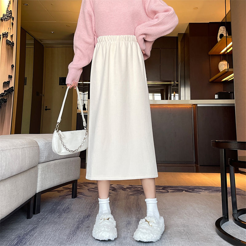 Korean Style Corduroy Women's Skirt Autumn and Winter A-Line Skirt High Waist Mid-Length Back Slit Pure Color Versatile Retro Hong Kong Style