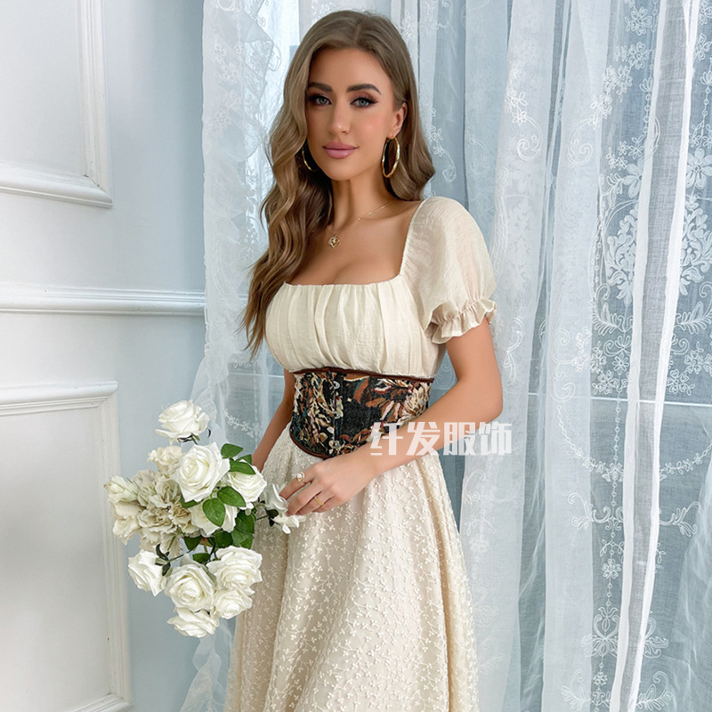 Picture of Retro waist girdle new oil painting style big flower European and American traditional strap waist seal three-button short slim belt