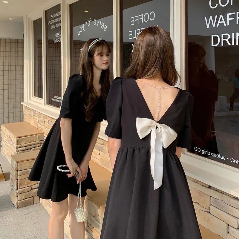 Korean style cross-border new French backless waist slimming design bow short sleeve high-end dress women's clothing