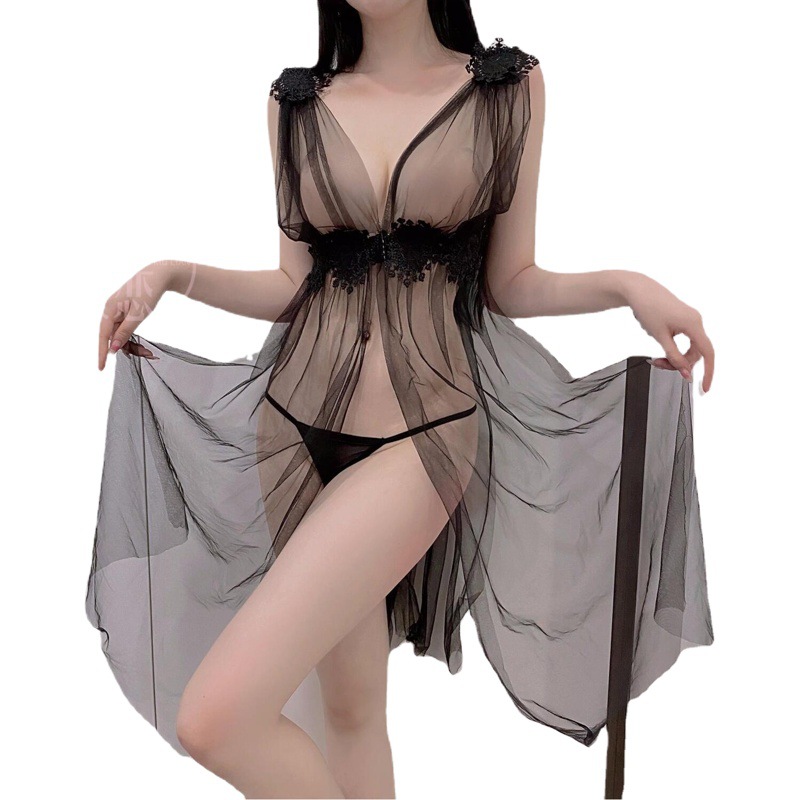 Mu Love Sexy Underwear Mesh Perspective Three-Point Dew Milk Water Dissolved Flower V-Neck Sexy Nightdress Tempting Pure Princess Dress