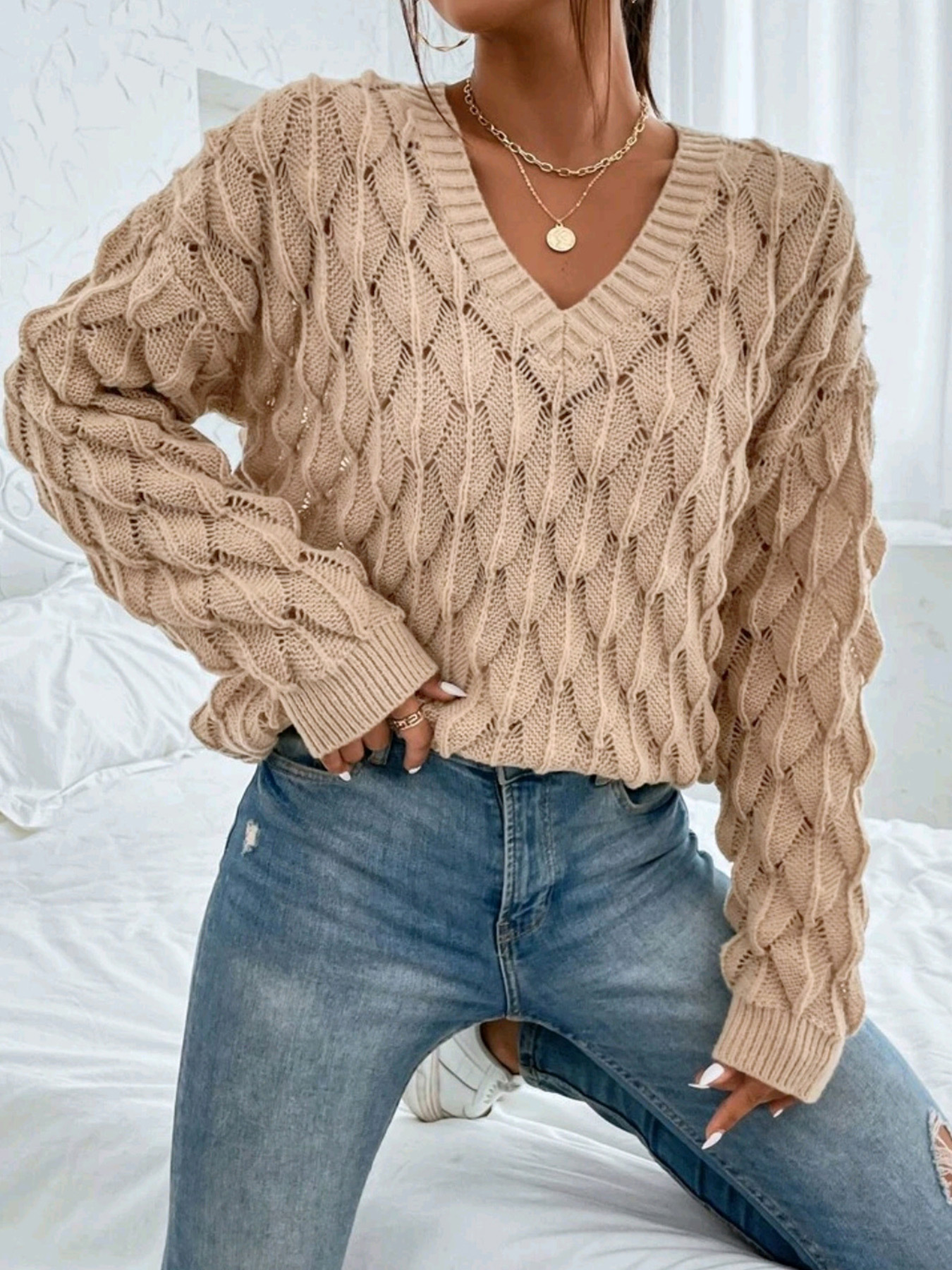 Foreign trade cross-border Europe and the United States Amazon TEMU source manufacturers sweater women's long sleeve v-neck pullover sweater spring and autumn