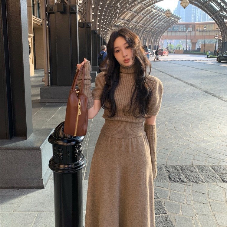 Turtleneck brown Slim-fit Sleeve Sweater Women's Lazy suit Winter Skirt Long Skirt Gentle Knitted Two-piece Set