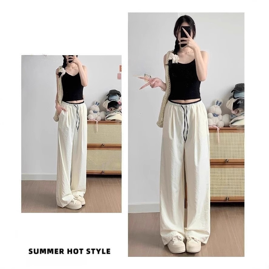 Black Wide-Leg Pants for Women, Summer Thin New Style, Loose Texture, Women's Contrasting Color Ice Silk Straight Sports Casual Pants