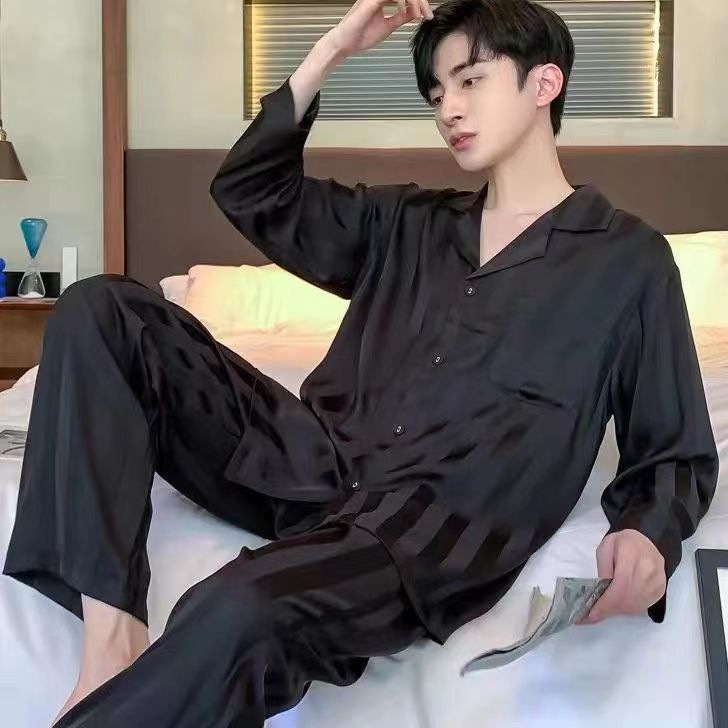 Spring and Autumn New Arrival Pajamas Men's Ice Silk Long-Sleeved Trousers Cardigan Lapel suit Loose Casual Outwear Home Clothes