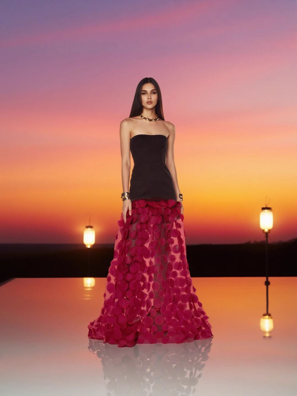 Cross-border dress TikTok hot-selling strapless fitted color-block color-blocking polka dot tulle long dress banquet evening gown