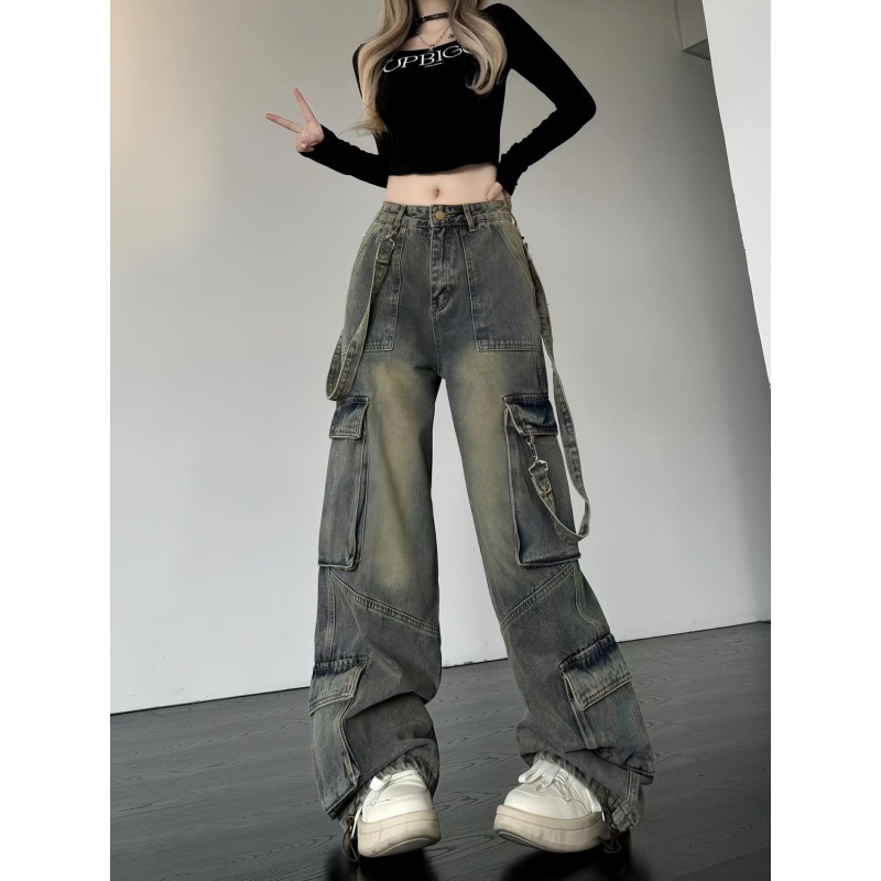 American Style High Street Design Sense Multi-Pocket Tooling Jeans Women's Autumn and Winter Retro High Waist Loose Slimming Wide Leg Trendy Pants